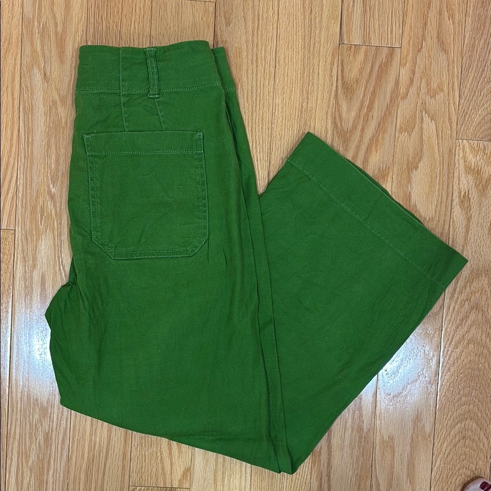 Maeve The Colette cropped green wide leg trouser in linen size 28